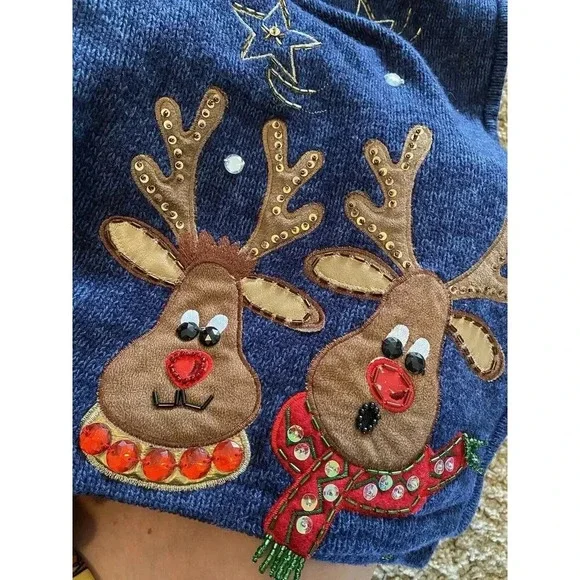 Vintage Ms Lee Christmas Sweater Cardigan Women's Large Embroidered Reindeer - Picture 6 of 16